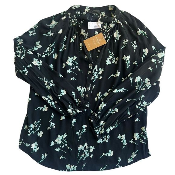 NWT J. Crew Black Floral Long-Sleeve Drapey Popover Women's Shirt Blouse size S - Picture 4 of 13